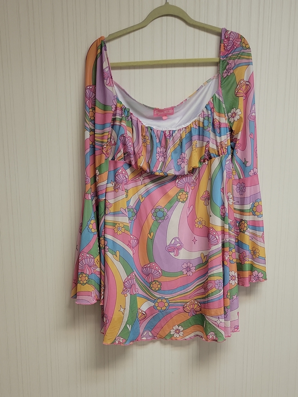 Sugar Thrillz Technicolor Bell Sleeve Mini Dress 2X Retro Hippie Whimsigoth